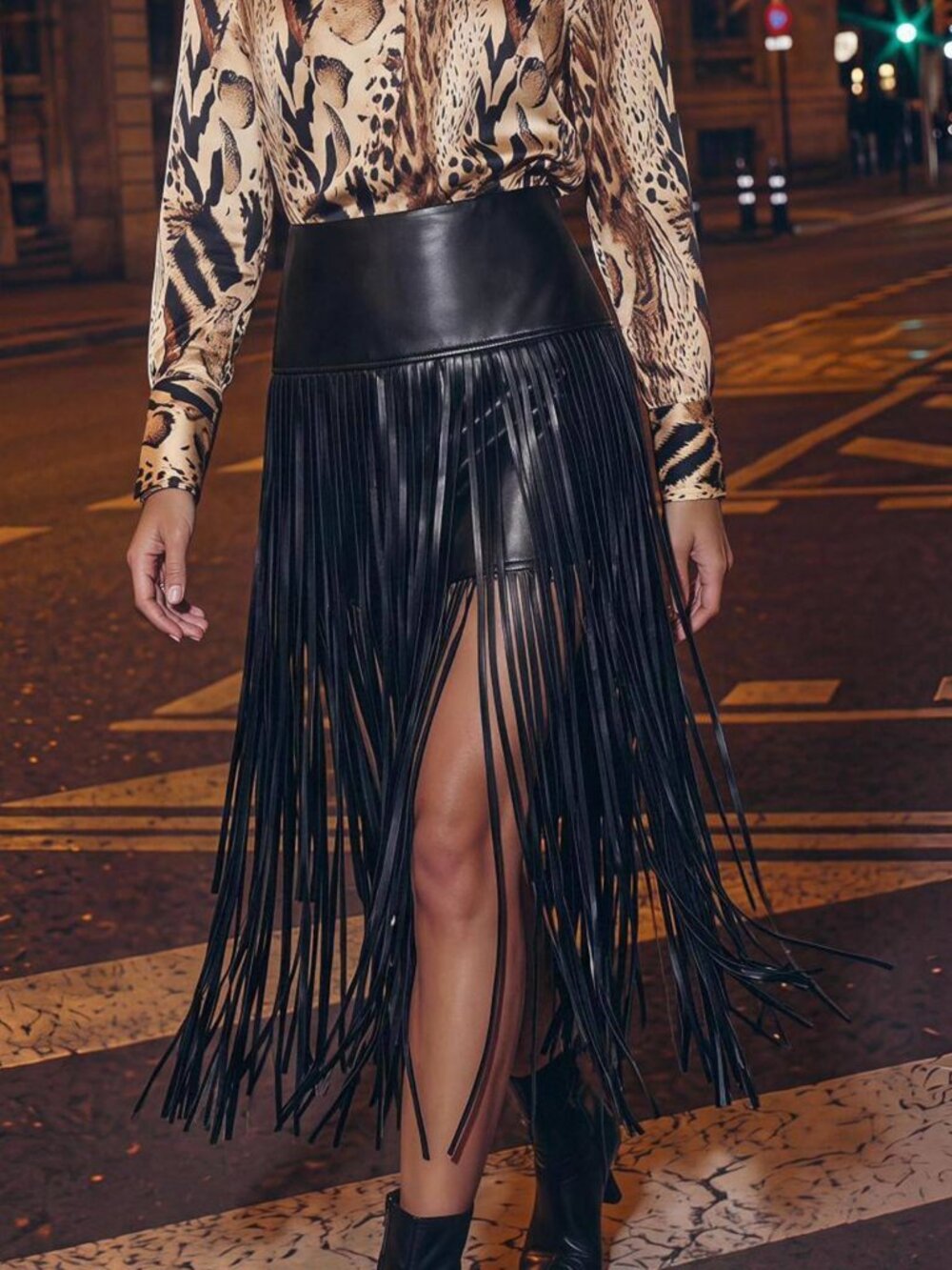 Black Party Women's Polyurethane Tassel Hem Skirt